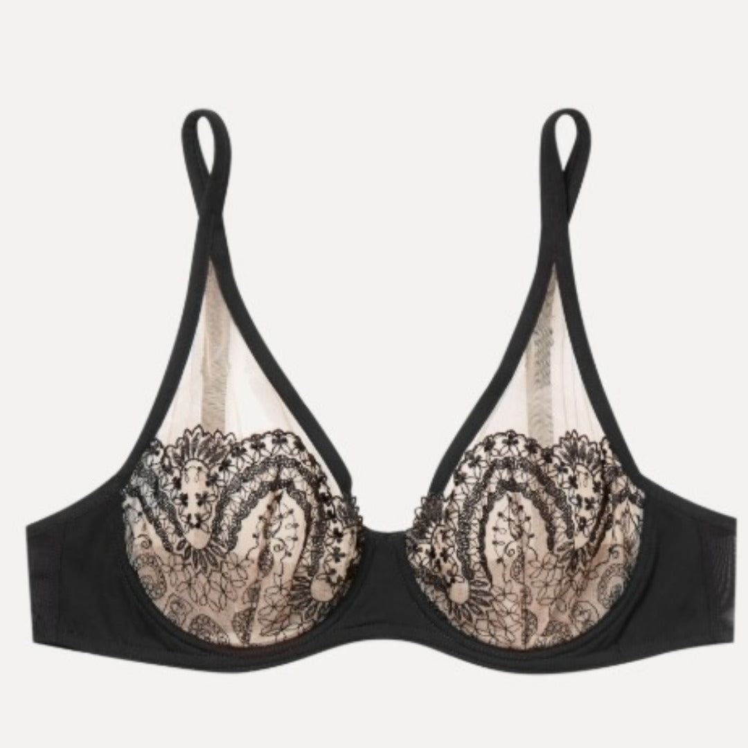 Elegant Black Lace Bra with Intricate Embroidery