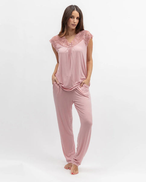Nora Rose Flowered Field Lace-Detailed Jersey Pyjama Set
