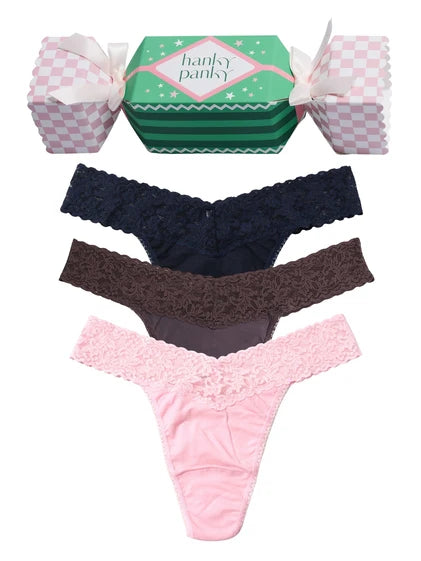 Hanky Panky Holiday Cracker Cocoa Kisses 3 Pack Original Rise Cotton Thong