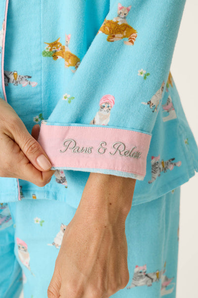 P.J. Salvage Pampered Cat Print 3-Piece Long Sleeve Flannel PJ Set