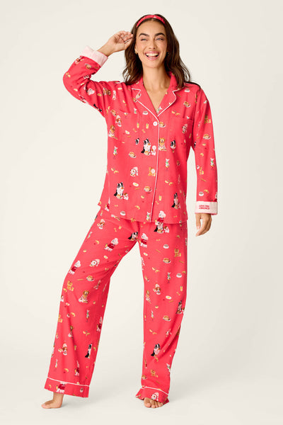 P.J. Salvage Dogs Who Brunch Print 3-Piece Long Sleeve Flannel PJ Set