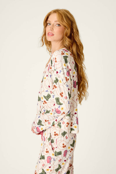 P.J. Salvage Saddle Up Western Print Long Sleeve V-Neck Top