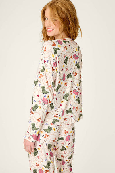 P.J. Salvage Saddle Up Western Print Long Sleeve V-Neck Top