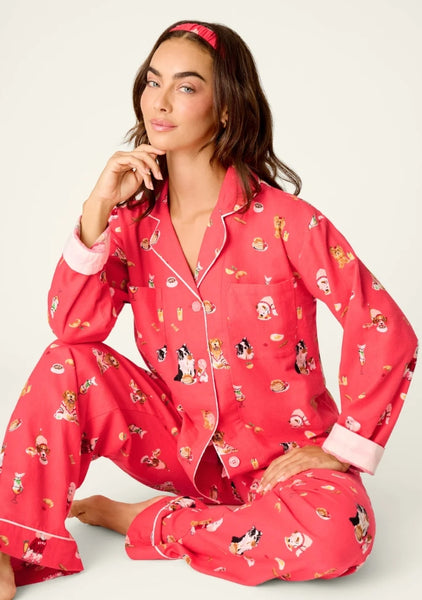 P.J. Salvage Dogs Who Brunch Print 3-Piece Long Sleeve Flannel PJ Set